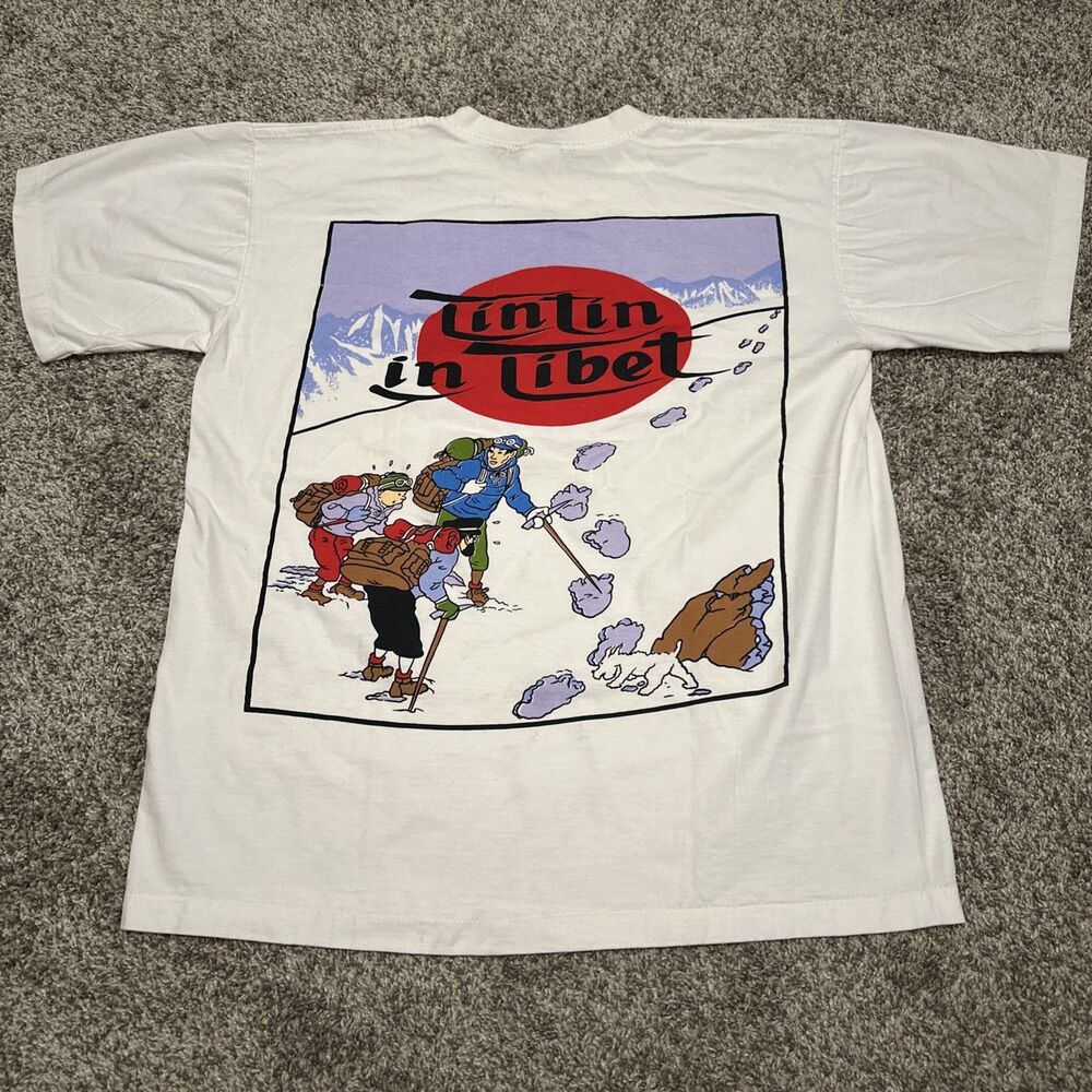 Vintage Adventures Of Tintin In Tibet Cartoon Graphic T-Shirt Size Medium